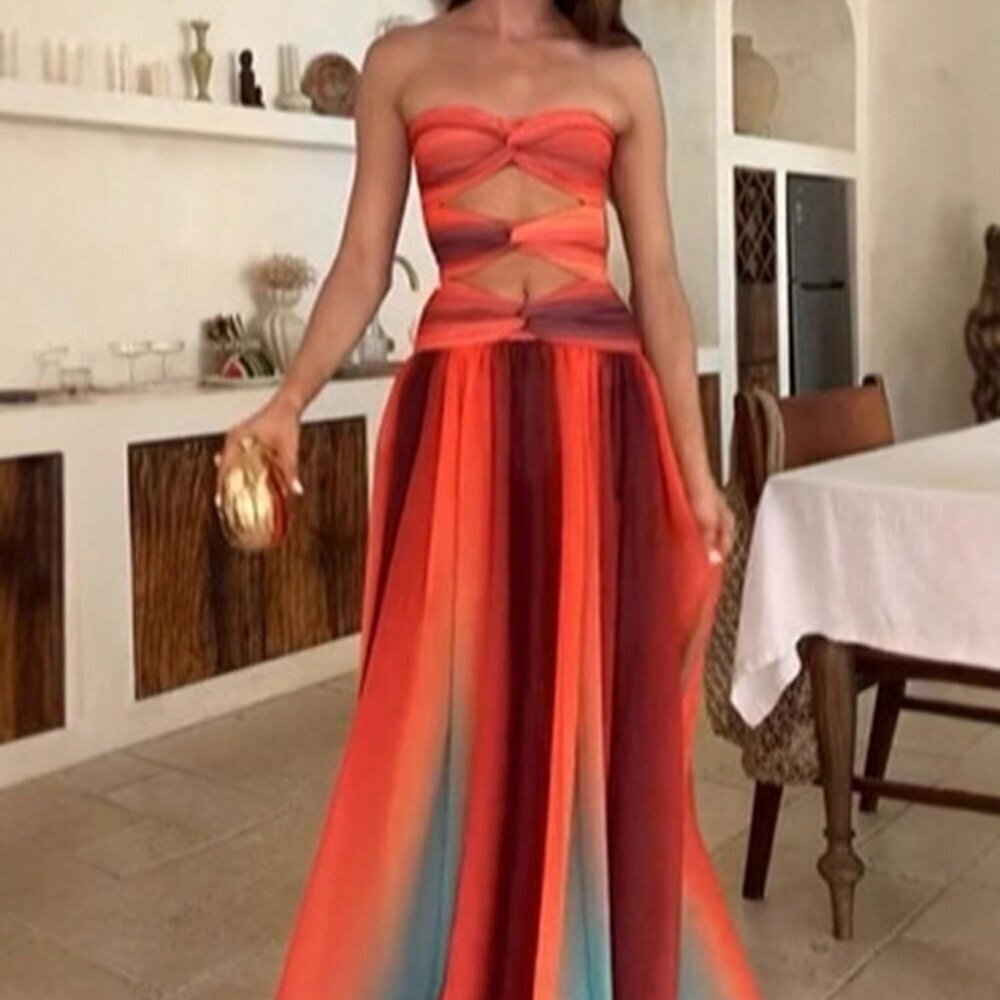 Multicolor Tie Dye Women's Elegant Strapless Maxi Dress
